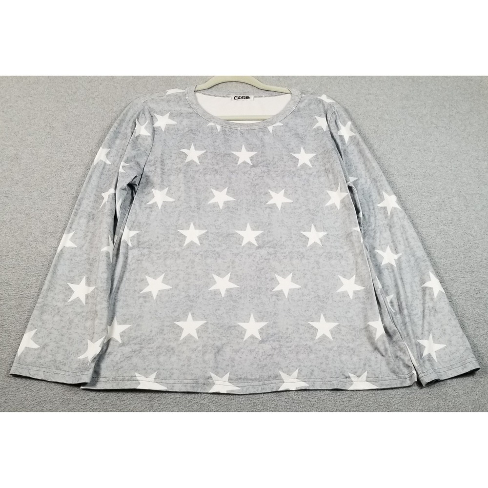 Ekouaer Top Womens L Large Gray White Star Print Long Sleeves Shirt Stretch Tee